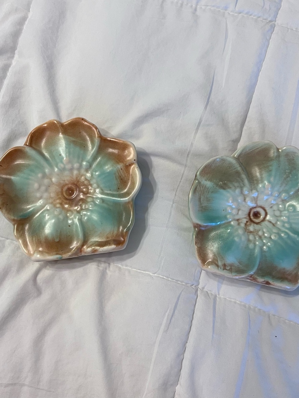 Mccoy Turquoise and Brown Flower-Shaped Ceramic Wall Pockets